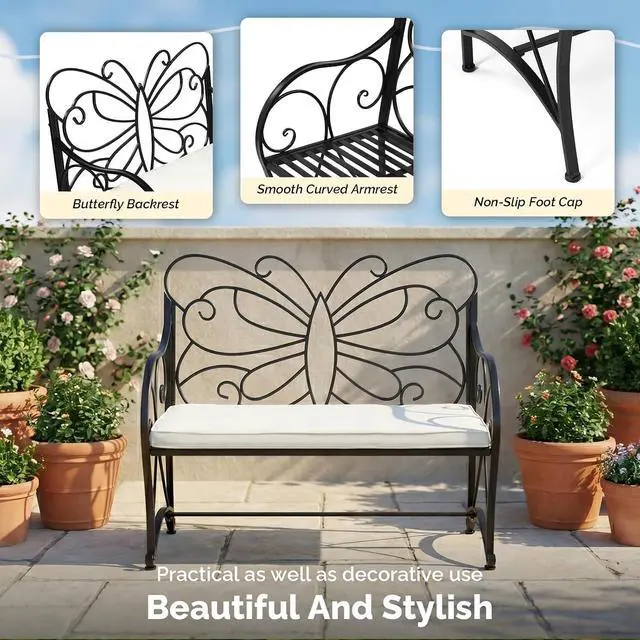 Alt view image 4 of 7 - VINGLI 38.7in Cast Iron Outdoor Bench with Cushion, All Weather Resistant Metal Bench with Curved Armrests and Butterfly Pattern Backrest, 1-2 Person Patio Bench for Garden Porch Park Yard (Black