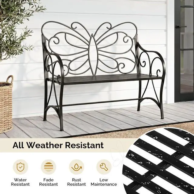 Alt view image 5 of 7 - VINGLI 38.7in Cast Iron Outdoor Bench with Cushion, All Weather Resistant Metal Bench with Curved Armrests and Butterfly Pattern Backrest, 1-2 Person Patio Bench for Garden Porch Park Yard (Black