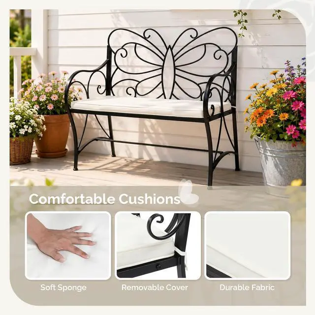 Alt view image 6 of 7 - VINGLI 38.7in Cast Iron Outdoor Bench with Cushion, All Weather Resistant Metal Bench with Curved Armrests and Butterfly Pattern Backrest, 1-2 Person Patio Bench for Garden Porch Park Yard (Black