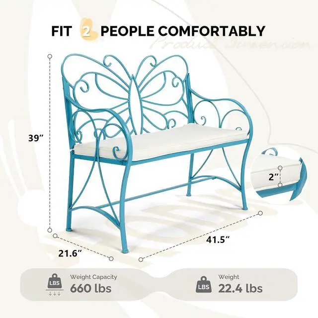 Alt view image 3 of 7 - VINGLI 38.7in Cast Iron Outdoor Bench with Cushion, All Weather Resistant Metal Bench with Curved Armrests and Butterfly Pattern Backrest, 1-2 Person Patio Bench for Garden Porch Park Yard (Blue