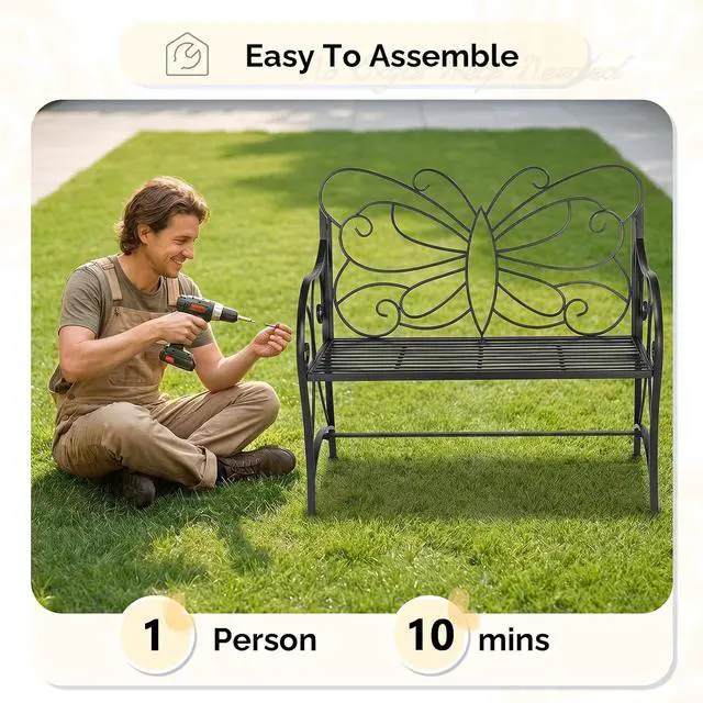 Alt view image 7 of 7 - VINGLI 38.7in Cast Iron Outdoor Bench with Cushion, All Weather Resistant Metal Bench with Curved Armrests and Butterfly Pattern Backrest, 1-2 Person Patio Bench for Garden Porch Park Yard (Black