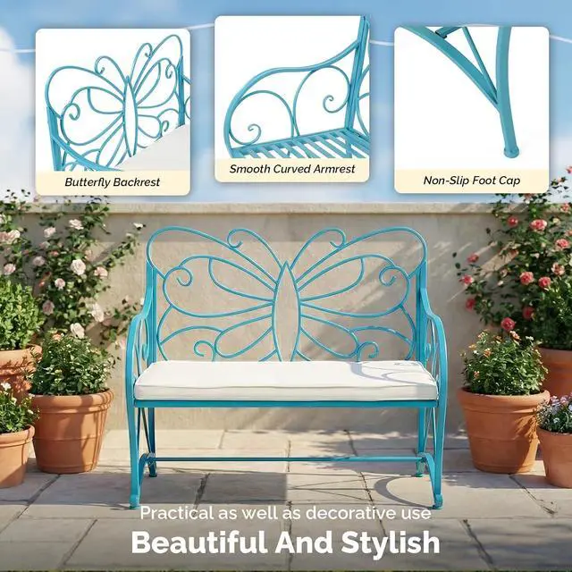Alt view image 4 of 7 - VINGLI 38.7in Cast Iron Outdoor Bench with Cushion, All Weather Resistant Metal Bench with Curved Armrests and Butterfly Pattern Backrest, 1-2 Person Patio Bench for Garden Porch Park Yard (Blue