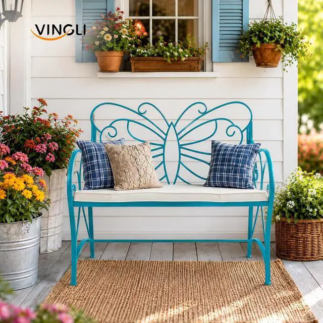 Alt view image 2 of 7 - VINGLI 38.7in Cast Iron Outdoor Bench with Cushion, All Weather Resistant Metal Bench with Curved Armrests and Butterfly Pattern Backrest, 1-2 Person Patio Bench for Garden Porch Park Yard (Blue