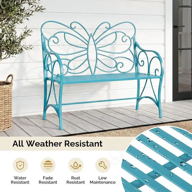 Alt view image 5 of 7 - VINGLI 38.7in Cast Iron Outdoor Bench with Cushion, All Weather Resistant Metal Bench with Curved Armrests and Butterfly Pattern Backrest, 1-2 Person Patio Bench for Garden Porch Park Yard (Blue