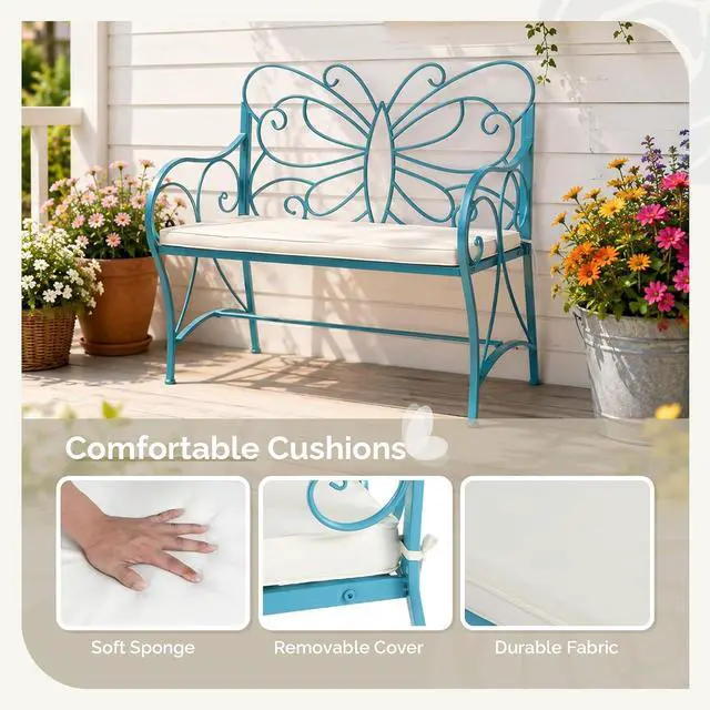 Alt view image 6 of 7 - VINGLI 38.7in Cast Iron Outdoor Bench with Cushion, All Weather Resistant Metal Bench with Curved Armrests and Butterfly Pattern Backrest, 1-2 Person Patio Bench for Garden Porch Park Yard (Blue