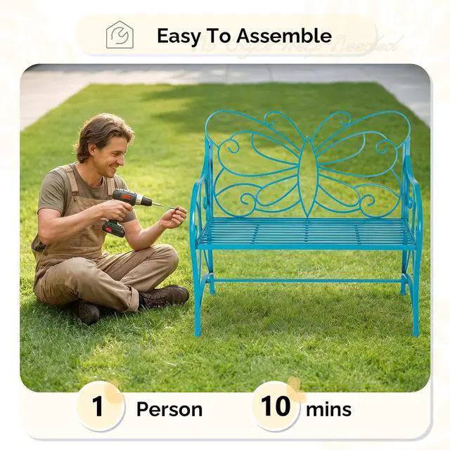 Alt view image 7 of 7 - VINGLI 38.7in Cast Iron Outdoor Bench with Cushion, All Weather Resistant Metal Bench with Curved Armrests and Butterfly Pattern Backrest, 1-2 Person Patio Bench for Garden Porch Park Yard (Blue