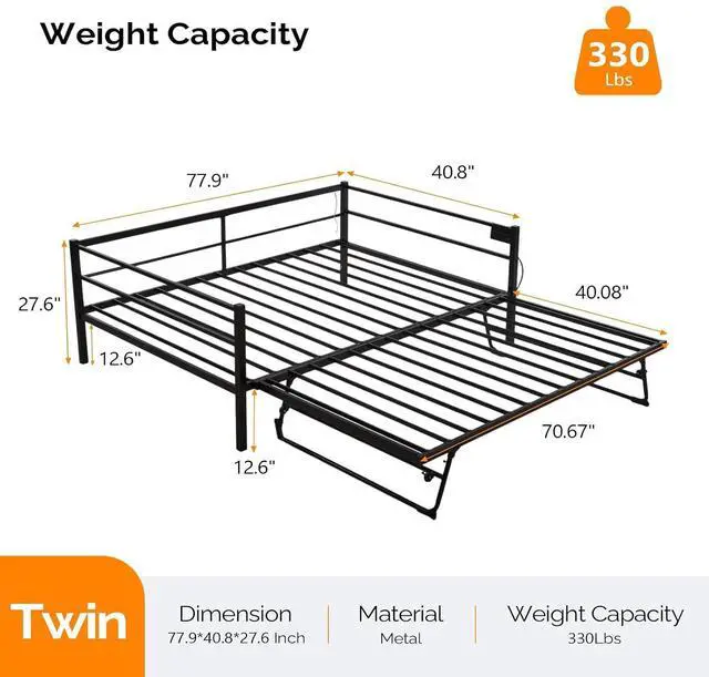 Alt view image 2 of 7 - VINGLI Daybed with Trundle Bed Twin, Charging Station and LED Lights,Heavy Duty Metal Twin Daybed with Pop up Trundle for Living Room,Bedroom,Guest Room, No Box Spring Needed,Black