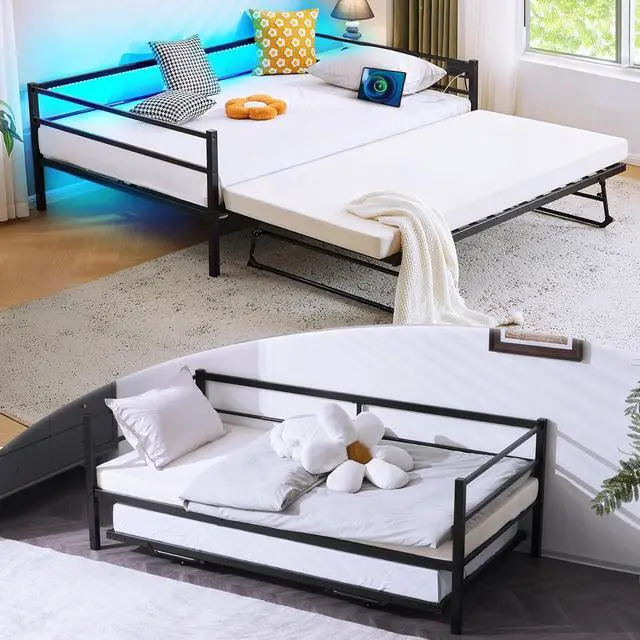 Main image of VINGLI Daybed with Trundle Bed Twin, Charging Station and LED Lights,Heavy Duty Metal Twin Daybed with Pop up Trundle for Living Room,Bedroom,Guest Room, No Box Spring Needed,Black
