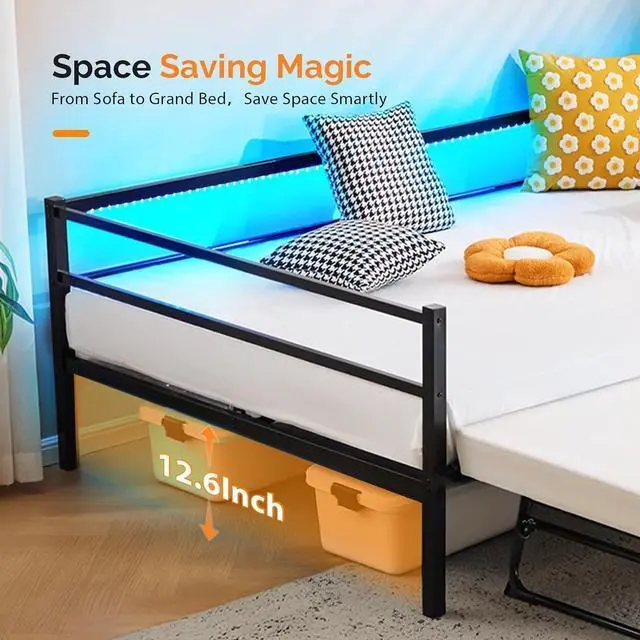 Alt view image 6 of 7 - VINGLI Daybed with Trundle Bed Twin, Charging Station and LED Lights,Heavy Duty Metal Twin Daybed with Pop up Trundle for Living Room,Bedroom,Guest Room, No Box Spring Needed,Black