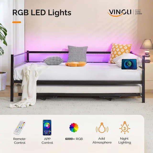 Alt view image 4 of 7 - VINGLI Daybed with Trundle Bed Twin, Charging Station and LED Lights,Heavy Duty Metal Twin Daybed with Pop up Trundle for Living Room,Bedroom,Guest Room, No Box Spring Needed,Black