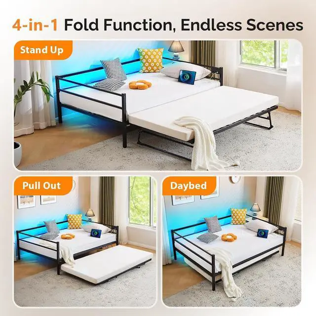 Alt view image 7 of 7 - VINGLI Daybed with Trundle Bed Twin, Charging Station and LED Lights,Heavy Duty Metal Twin Daybed with Pop up Trundle for Living Room,Bedroom,Guest Room, No Box Spring Needed,Black