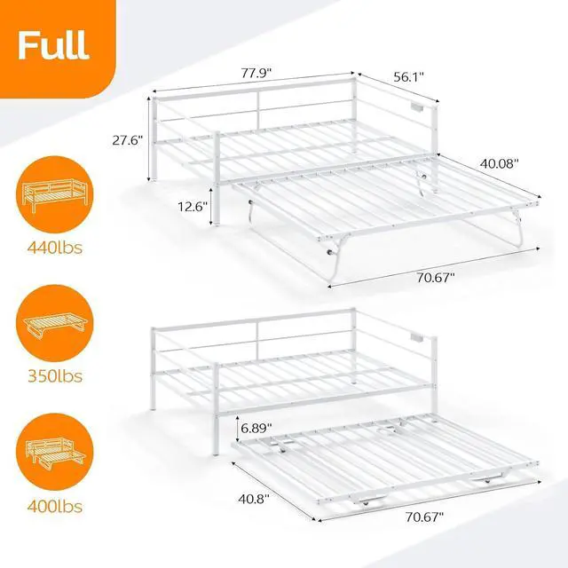 Alt view image 2 of 7 - VINGLI White Full Daybed with Pop Up Trundle, Metal Sofa Day Bed Frame with LED Lights and Charging Station, Platform Bed with Trundle Bed Twin, Sturdy Steel Slats Support