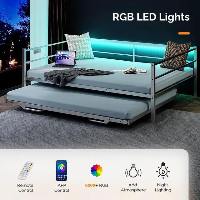 Alt view image 3 of 7 - VINGLI White Full Daybed with Pop Up Trundle, Metal Sofa Day Bed Frame with LED Lights and Charging Station, Platform Bed with Trundle Bed Twin, Sturdy Steel Slats Support