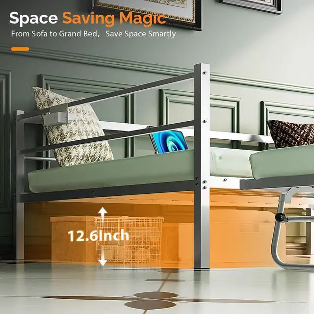 Alt view image 6 of 7 - VINGLI White Full Daybed with Pop Up Trundle, Metal Sofa Day Bed Frame with LED Lights and Charging Station, Platform Bed with Trundle Bed Twin, Sturdy Steel Slats Support