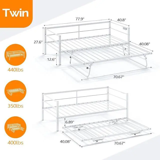 Alt view image 2 of 7 - VINGLI Daybed with Trundle Twin, Metal Trundle Bed Frame with Pop Up Trundle Day Bed,Sofa Platform Bed with LED Lights and Charging Station,Pull Out Bed with Sturdy Steel Slats Support, White