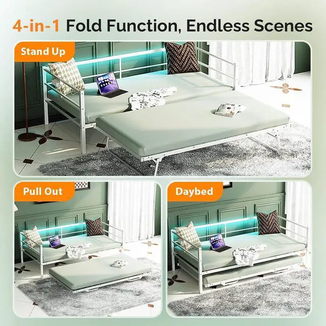 Alt view image 6 of 7 - VINGLI Daybed with Trundle Twin, Metal Trundle Bed Frame with Pop Up Trundle Day Bed,Sofa Platform Bed with LED Lights and Charging Station,Pull Out Bed with Sturdy Steel Slats Support, White