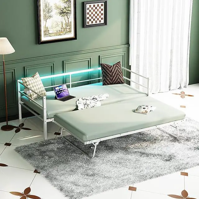 Alt view image 4 of 7 - VINGLI Daybed with Trundle Twin, Metal Trundle Bed Frame with Pop Up Trundle Day Bed,Sofa Platform Bed with LED Lights and Charging Station,Pull Out Bed with Sturdy Steel Slats Support, White