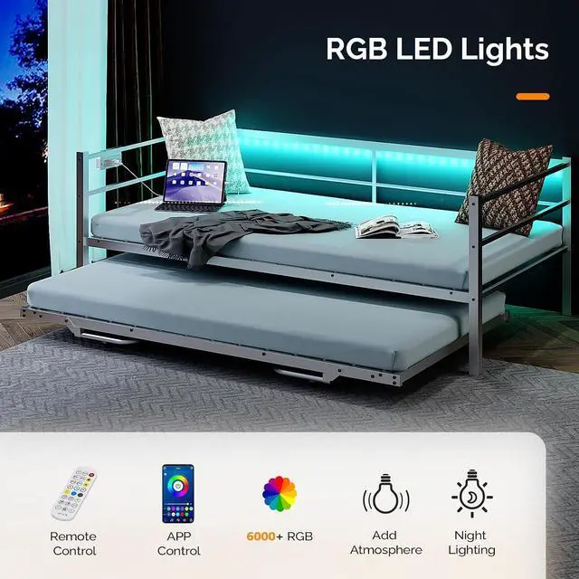 Alt view image 5 of 7 - VINGLI Daybed with Trundle Twin, Metal Trundle Bed Frame with Pop Up Trundle Day Bed,Sofa Platform Bed with LED Lights and Charging Station,Pull Out Bed with Sturdy Steel Slats Support, White
