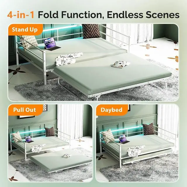 Alt view image 7 of 7 - VINGLI White Full Daybed with Pop Up Trundle, Metal Sofa Day Bed Frame with LED Lights and Charging Station, Platform Bed with Trundle Bed Twin, Sturdy Steel Slats Support