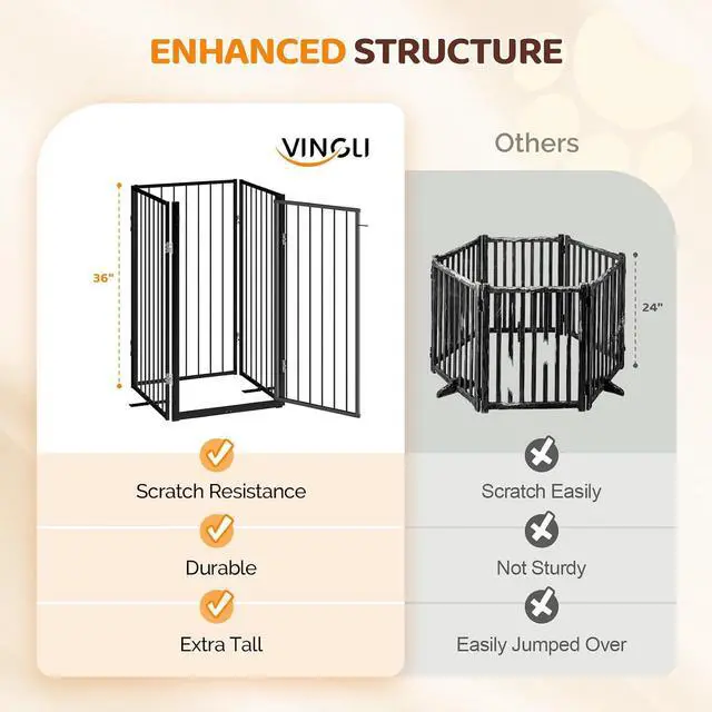 Alt view image 2 of 7 - VINGLI 36" H Metal Dog Gate, Tall Freestanding Pet Gates with Door for Doorways, Foldable Dog Safety Fence with Support Feet for Fireplace Stairs