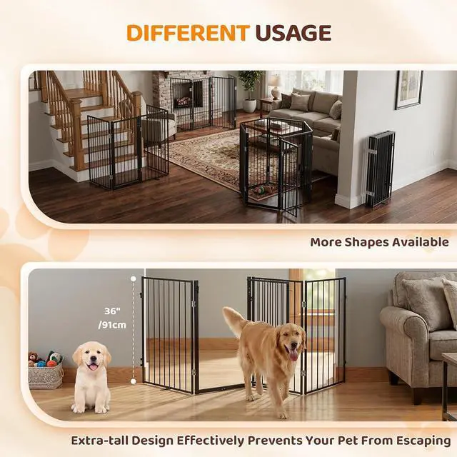 Alt view image 3 of 7 - VINGLI 36" H Metal Dog Gate, Tall Freestanding Pet Gates with Door for Doorways, Foldable Dog Safety Fence with Support Feet for Fireplace Stairs