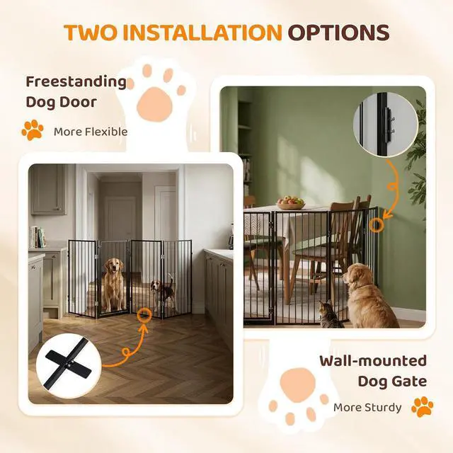 Alt view image 4 of 7 - VINGLI 36" H Metal Dog Gate, Tall Freestanding Pet Gates with Door for Doorways, Foldable Dog Safety Fence with Support Feet for Fireplace Stairs