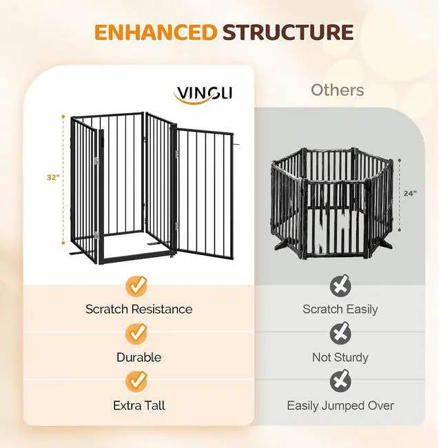 Alt view image 2 of 7 - VINGLI 32" H Metal Dog Gate, Tall Freestanding Pet Gates with Door for Doorways, Foldable Dog Safety Fence with Support Feet for Fireplace Stairs (4 Panels-32''H x 80''W)