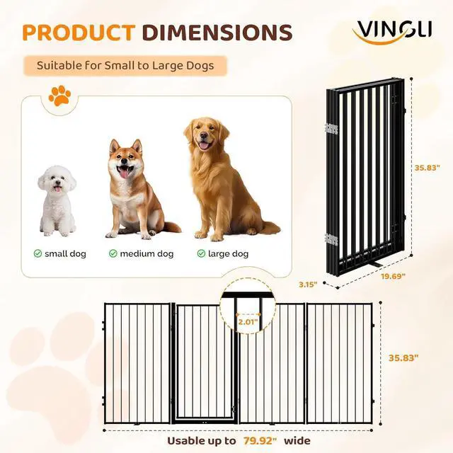 Alt view image 5 of 7 - VINGLI 36" H Metal Dog Gate, Tall Freestanding Pet Gates with Door for Doorways, Foldable Dog Safety Fence with Support Feet for Fireplace Stairs