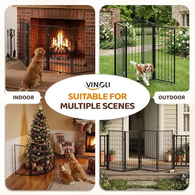 Alt view image 7 of 7 - VINGLI 36" H Metal Dog Gate, Tall Freestanding Pet Gates with Door for Doorways, Foldable Dog Safety Fence with Support Feet for Fireplace Stairs