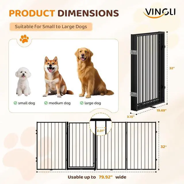 Alt view image 5 of 7 - VINGLI 32" H Metal Dog Gate, Tall Freestanding Pet Gates with Door for Doorways, Foldable Dog Safety Fence with Support Feet for Fireplace Stairs (4 Panels-32''H x 80''W)
