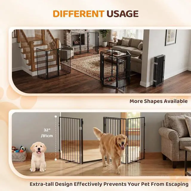 Alt view image 3 of 7 - VINGLI 32" H Metal Dog Gate, Tall Freestanding Pet Gates with Door for Doorways, Foldable Dog Safety Fence with Support Feet for Fireplace Stairs (4 Panels-32''H x 80''W)