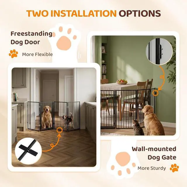 Alt view image 4 of 7 - VINGLI 32" H Metal Dog Gate, Tall Freestanding Pet Gates with Door for Doorways, Foldable Dog Safety Fence with Support Feet for Fireplace Stairs (4 Panels-32''H x 80''W)
