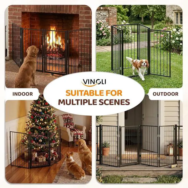 Alt view image 7 of 7 - VINGLI 32" H Metal Dog Gate, Tall Freestanding Pet Gates with Door for Doorways, Foldable Dog Safety Fence with Support Feet for Fireplace Stairs (4 Panels-32''H x 80''W)