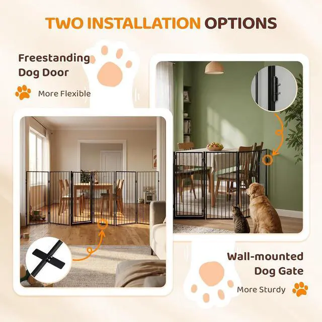 Alt view image 4 of 7 - VINGLI 36" H Metal Freestanding Dog Gate, Tall Freestanding Pet Gates with Door for Doorways, Foldable Dog Safety Fence with Support Feet for Fireplace Stairs (6 Panels-36''H x 120''W)
