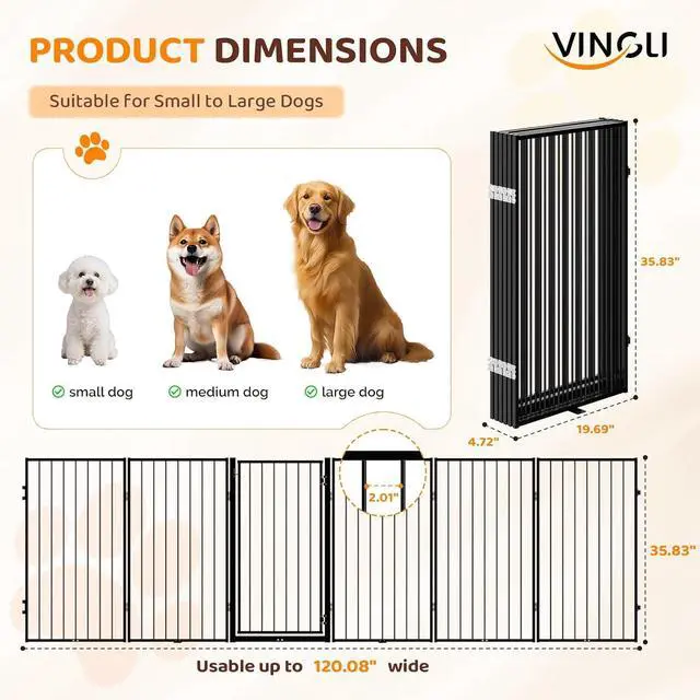 Alt view image 5 of 7 - VINGLI 36" H Metal Freestanding Dog Gate, Tall Freestanding Pet Gates with Door for Doorways, Foldable Dog Safety Fence with Support Feet for Fireplace Stairs (6 Panels-36''H x 120''W)