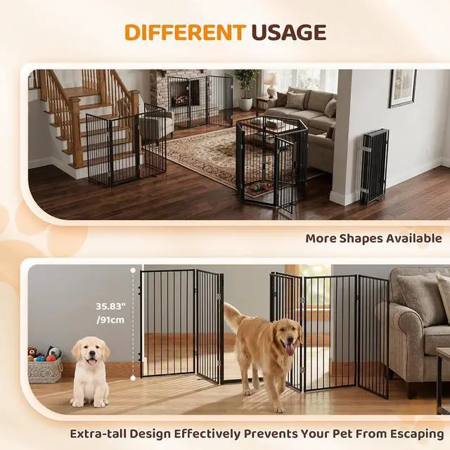 Alt view image 3 of 7 - VINGLI 36" H Metal Freestanding Dog Gate, Tall Freestanding Pet Gates with Door for Doorways, Foldable Dog Safety Fence with Support Feet for Fireplace Stairs (6 Panels-36''H x 120''W)