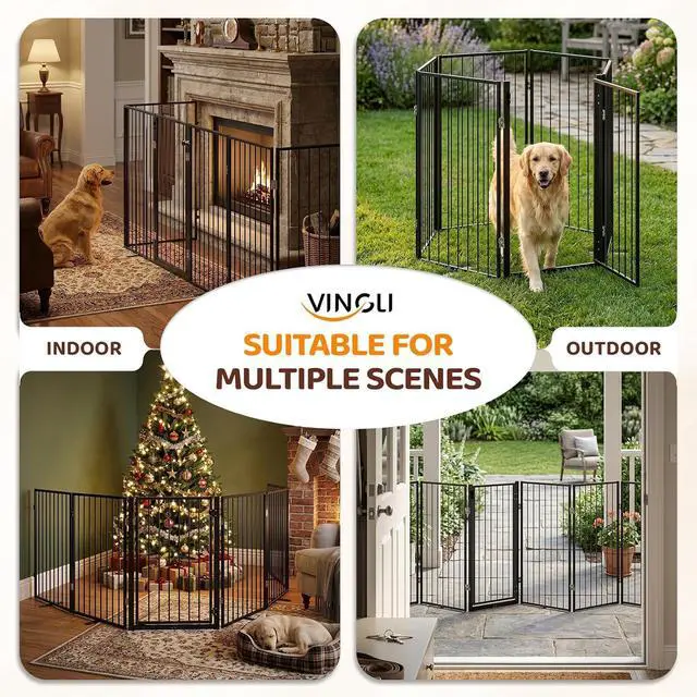 Alt view image 7 of 7 - VINGLI 36" H Metal Freestanding Dog Gate, Tall Freestanding Pet Gates with Door for Doorways, Foldable Dog Safety Fence with Support Feet for Fireplace Stairs (6 Panels-36''H x 120''W)