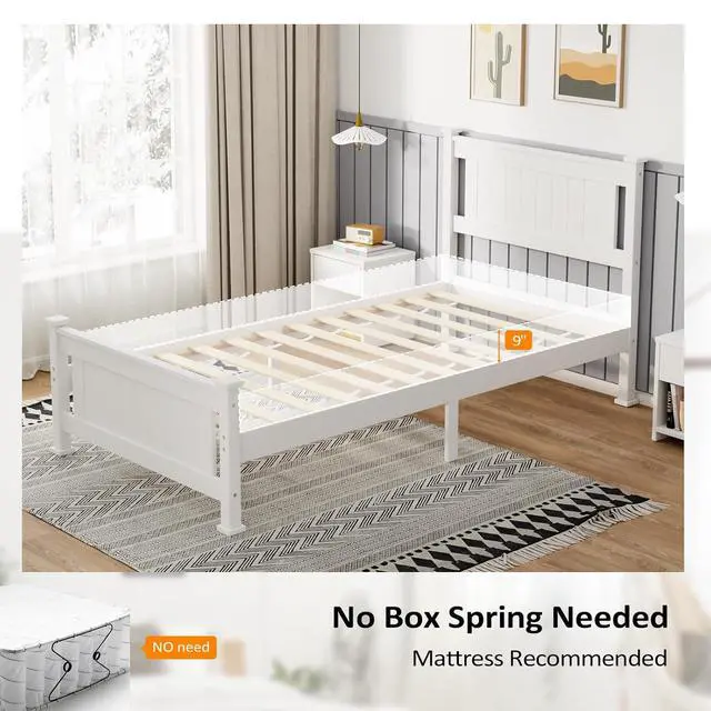 Alt view image 7 of 7 - VINGLI Twin Size Solid Wood Bed with Headboard, Sturdy & Durable Construction,Modern Minimalist Panel Platform Bed with Strong Support for Kids,Adults & Guests,Sleigh Bed,Crisp White
