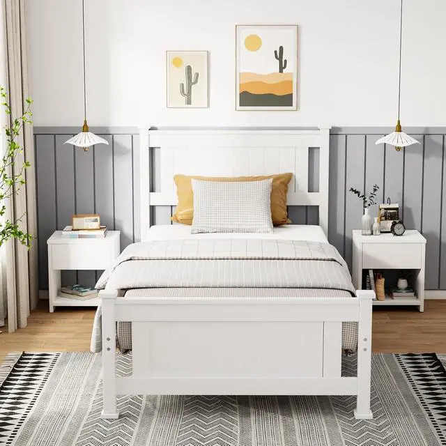 Alt view image 3 of 7 - VINGLI Twin Size Solid Wood Bed with Headboard, Sturdy & Durable Construction,Modern Minimalist Panel Platform Bed with Strong Support for Kids,Adults & Guests,Sleigh Bed,Crisp White
