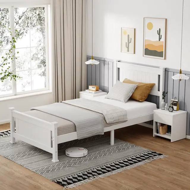 Alt view image 4 of 7 - VINGLI Twin Size Solid Wood Bed with Headboard, Sturdy & Durable Construction,Modern Minimalist Panel Platform Bed with Strong Support for Kids,Adults & Guests,Sleigh Bed,Crisp White