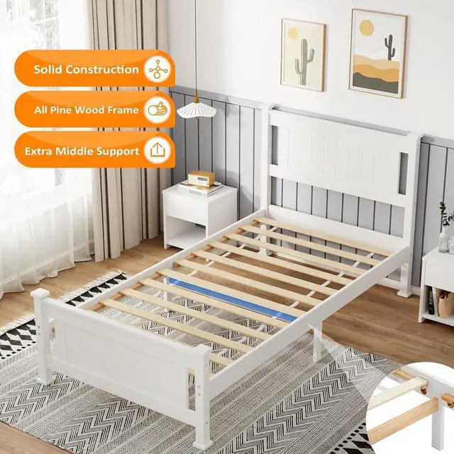 Alt view image 6 of 7 - VINGLI Twin Size Solid Wood Bed with Headboard, Sturdy & Durable Construction,Modern Minimalist Panel Platform Bed with Strong Support for Kids,Adults & Guests,Sleigh Bed,Crisp White
