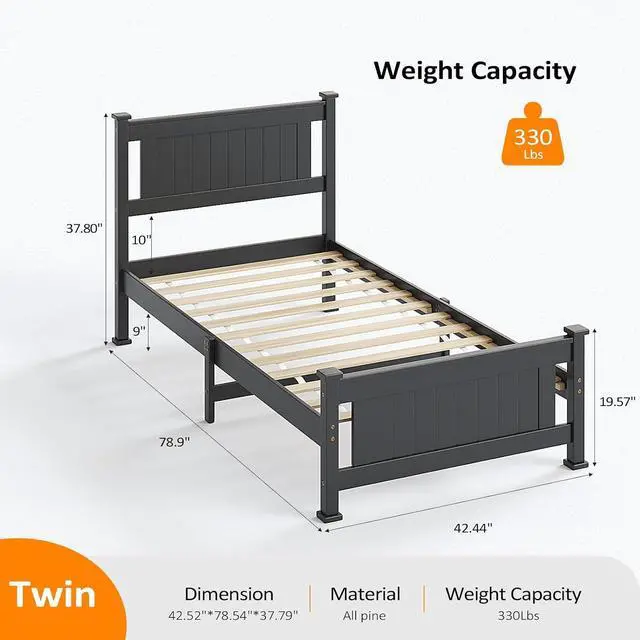 Alt view image 2 of 7 - VINGLI Twin Size Bed Frame for Dorms/KidsRooms,Minimalist Matte Black Design Platform Bed with Headboard and Footboard Heightened,Black.
