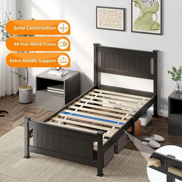 Alt view image 4 of 7 - VINGLI Twin Size Bed Frame for Dorms/KidsRooms,Minimalist Matte Black Design Platform Bed with Headboard and Footboard Heightened,Black.