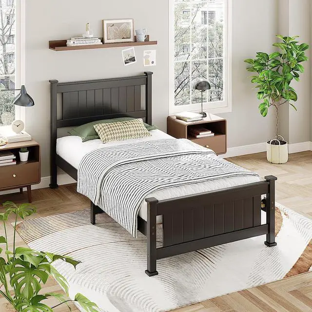 Alt view image 5 of 7 - VINGLI Twin Size Bed Frame for Dorms/KidsRooms,Minimalist Matte Black Design Platform Bed with Headboard and Footboard Heightened,Black.