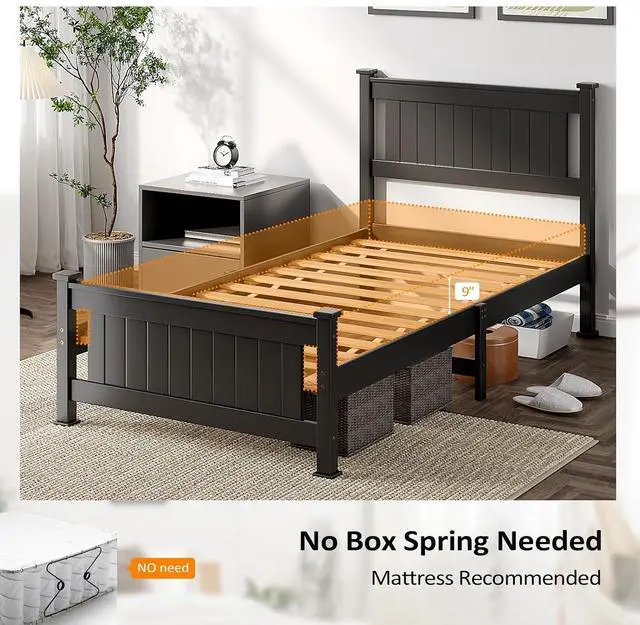Alt view image 6 of 7 - VINGLI Twin Size Bed Frame for Dorms/KidsRooms,Minimalist Matte Black Design Platform Bed with Headboard and Footboard Heightened,Black.