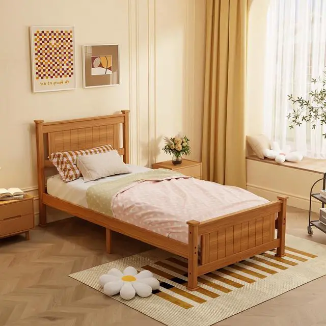 Main image of VINGLI Twin Size Solid Wood Bed with Headboard, Sturdy & Durable Construction,Modern Minimalist Panel Platform Bed with Strong Support for Kids,Adults & Guests,Sleigh Bed,Natural Brown