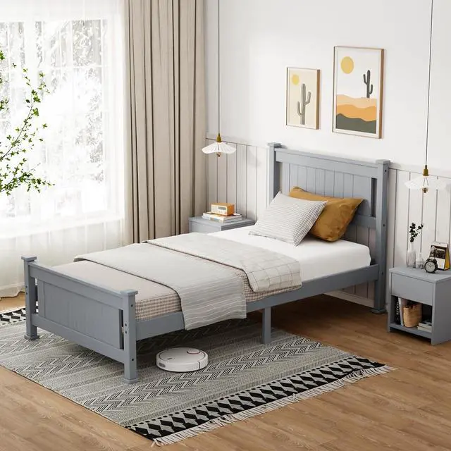 Alt view image 5 of 7 - VINGLI Twin Size Solid Wood Bed with Headboard, Sturdy & Durable Construction,Modern Minimalist Panel Platform Bed with Strong Support for Kids,Adults & Guests,Sleigh Bed,Warm Gray