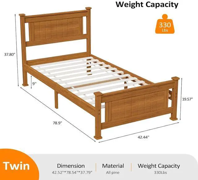 Alt view image 2 of 7 - VINGLI Twin Size Solid Wood Bed with Headboard, Sturdy & Durable Construction,Modern Minimalist Panel Platform Bed with Strong Support for Kids,Adults & Guests,Sleigh Bed,Natural Brown