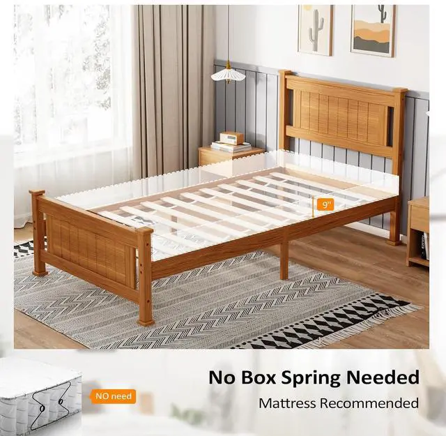 Alt view image 4 of 7 - VINGLI Twin Size Solid Wood Bed with Headboard, Sturdy & Durable Construction,Modern Minimalist Panel Platform Bed with Strong Support for Kids,Adults & Guests,Sleigh Bed,Natural Brown