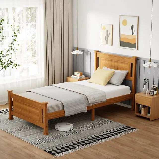 Alt view image 5 of 7 - VINGLI Twin Size Solid Wood Bed with Headboard, Sturdy & Durable Construction,Modern Minimalist Panel Platform Bed with Strong Support for Kids,Adults & Guests,Sleigh Bed,Natural Brown